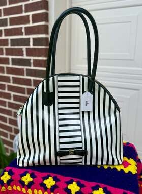 Belle Badgley Mischka Black and White Striped Patent Leather Bow Dome Satchel